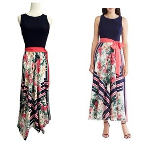 Eliza J Floral Twofer Maxi Dress Floral Scarf Print 6 Navy Handkerchief Hem
